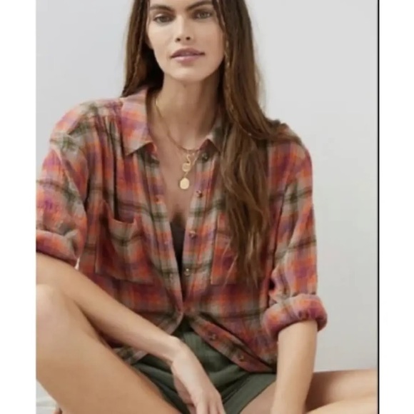 Anthropologie plaid button down shirt Pilcro, relaxed fit rust Maeve - Picture 2 of 7